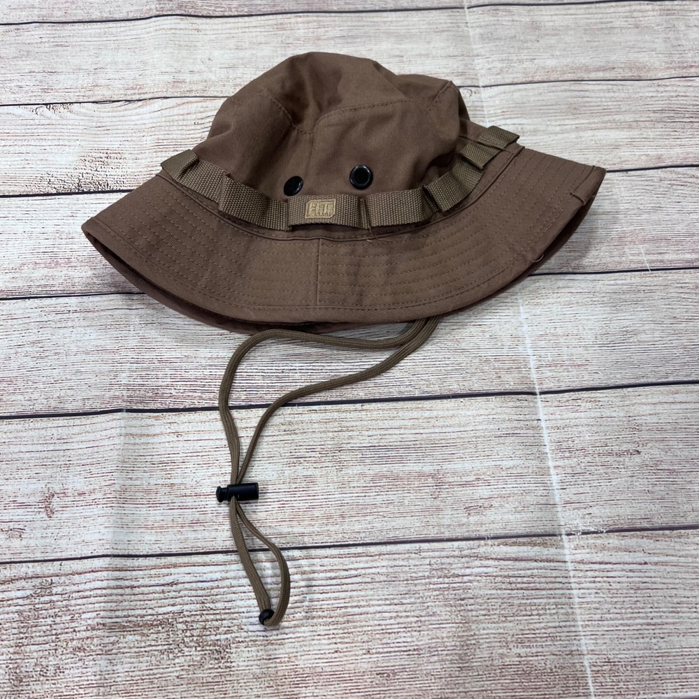 Highland Tactical Brown Boonie Hat Mens Adjustable Chin Strap Cotton Bucket Hat